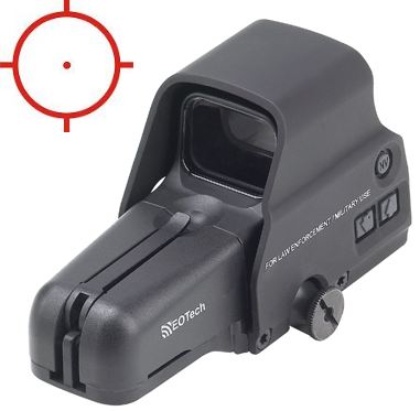 Eotech 556.A65/1 holographic weapons sight takes up little rail space and is cantilevered to fit over the D ring on AR15 style rifles.